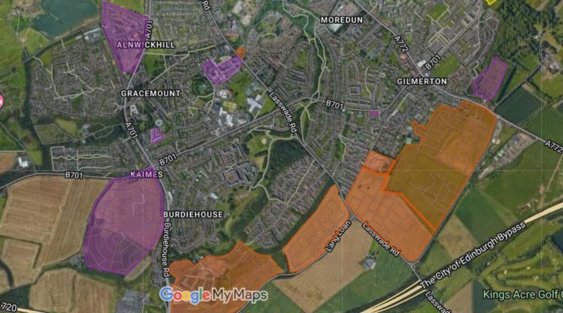 Map of new developments in South Edinburgh (Council approved in Purple, won at Scottish Government appeal in orange)