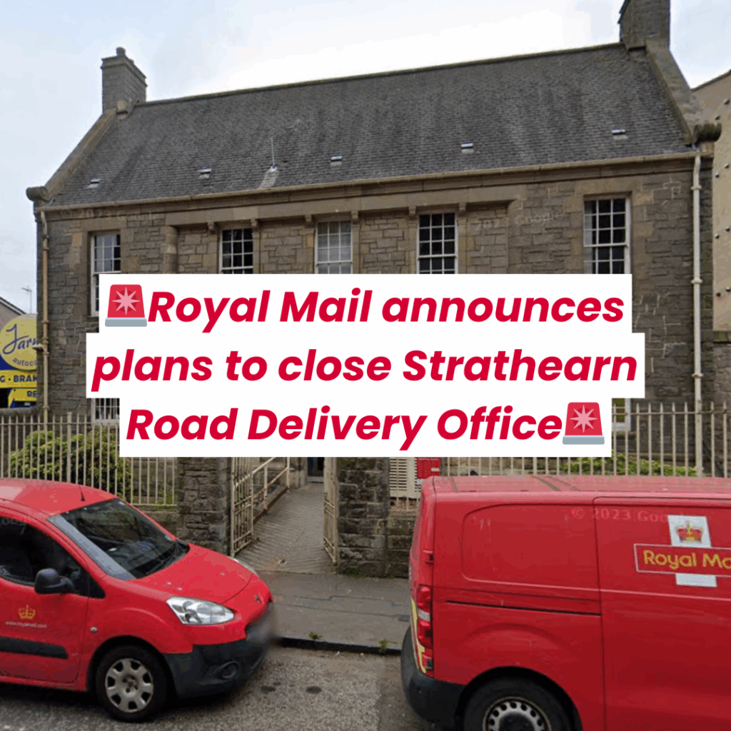 Strathearn Road Delivery Office with text overlaying the image.